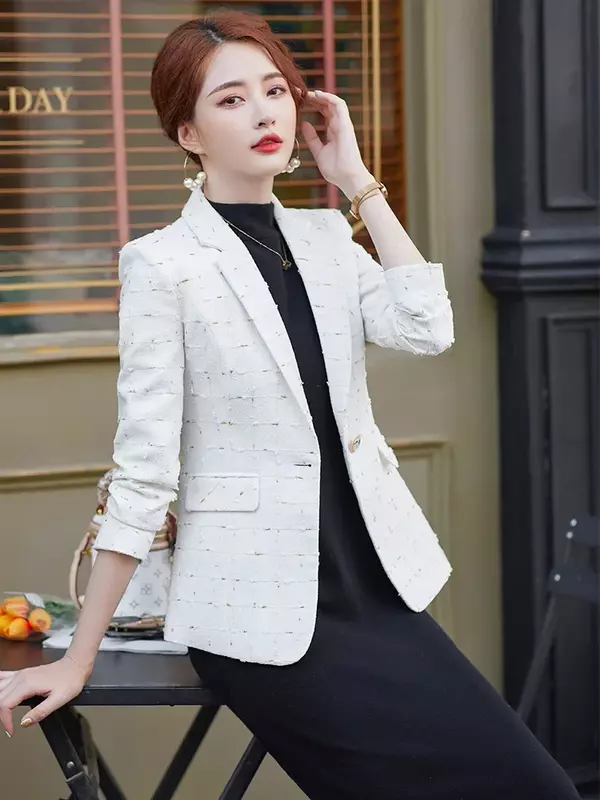 women Blazers 2023 New in Blue White Plaid Women Casual Blazer Jacket Ladies Female Long Sleeve Single Button Slim Coat Winter