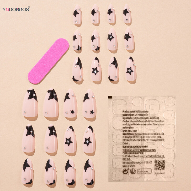 Almencla uñas postizas de Color Nude con estampado de estrella de cinco puntas, uñas postizas portátiles con diseño de diamante para niñas y2k, Color negro