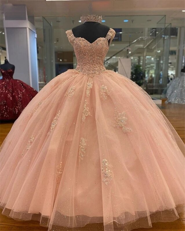 Vestidos de Quinceañera de princesa rosa, vestido de baile, escote Corazón, apliques de tul, dulce 16, 15 Años, personalizado