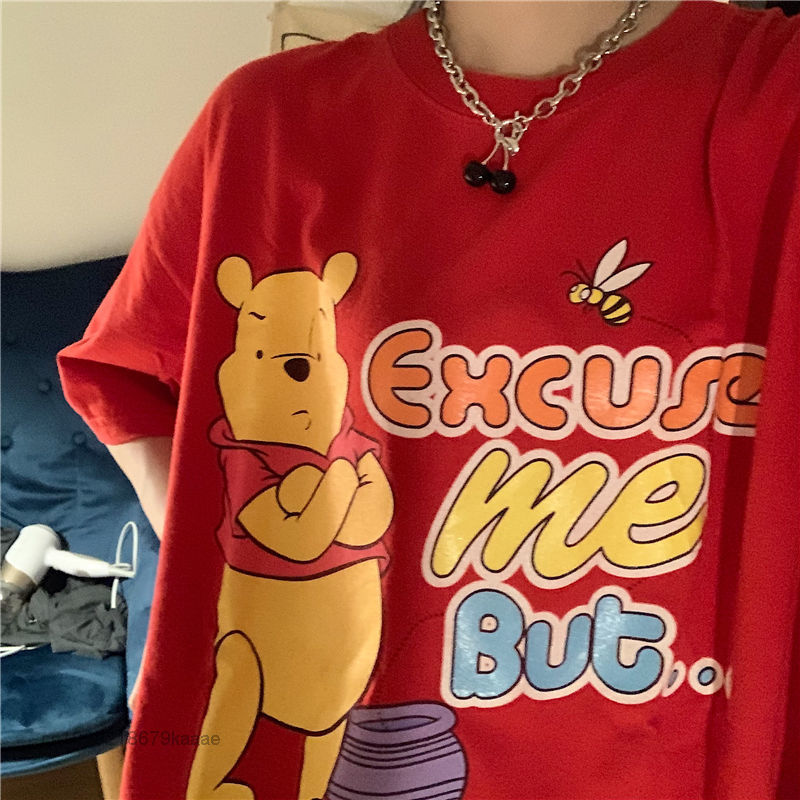 Disney Cartoon Pooh Bear Summer Clothes Red manica corta Top donna T-shirt oversize stile coreano Fashion Tees camicie T2k Top