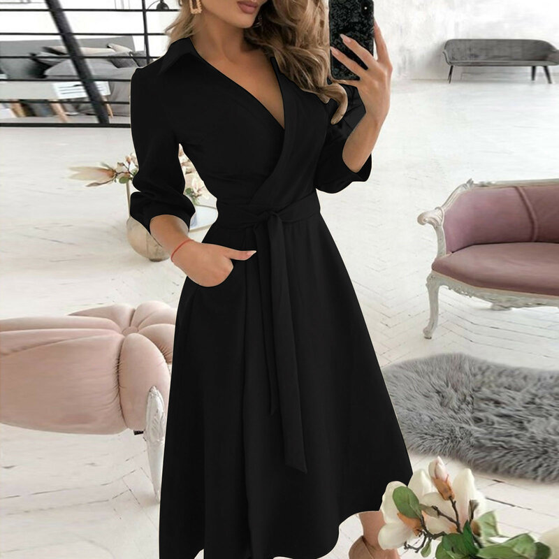 Women's Fashionable Solid Color Deep V-neck Long Sleeve Lace Up Slimming Fit Wrapped Hip Dresses Temperament Mid Length Skirts