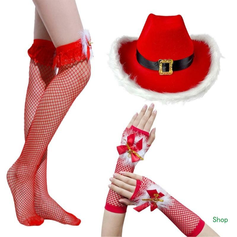 L5YC Set cappelli da cowboy con calze a rete sexy natalizie e guanti senza per travestirsi