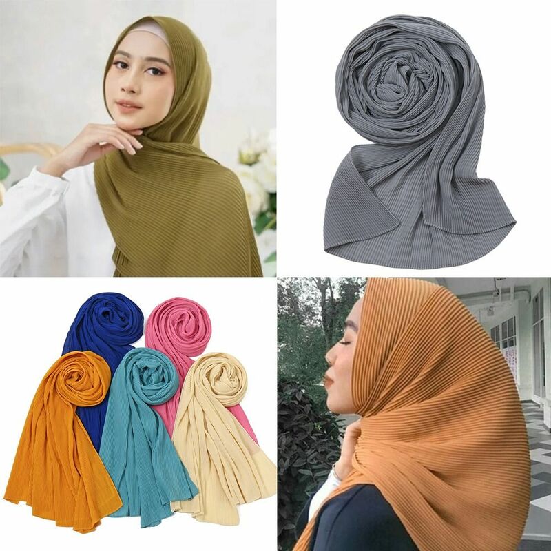 Foulard long musulman en mousseline de soie pour femme, châle doux et plissé, style rectangle, mouchoir pour la présidence