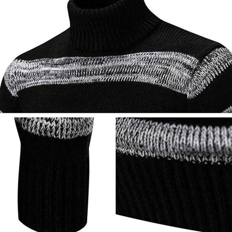 メンズカラーブロックニットセーター、長袖プルオーバー、伸縮性、厚く、暖かい、ストライプ、秋、冬