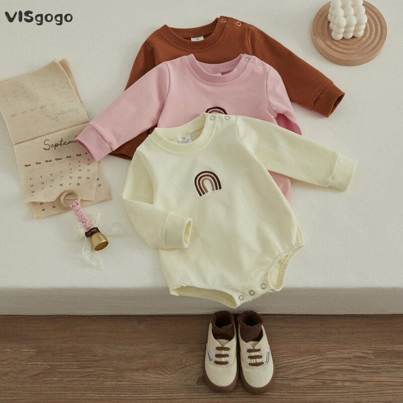 VISgogo Baby Herbst Strampler Regenbogen Stickerei Langarm Overall mit Gabelung Tasten für Kleinkinder Mädchen Jungen 0-24 Monate