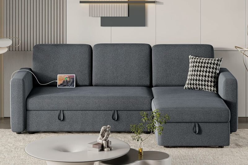 Sofá secional reversível em forma de L, sofá-cama, com chaise e USB, espaço de armazenamento, tecido de 4 assentos