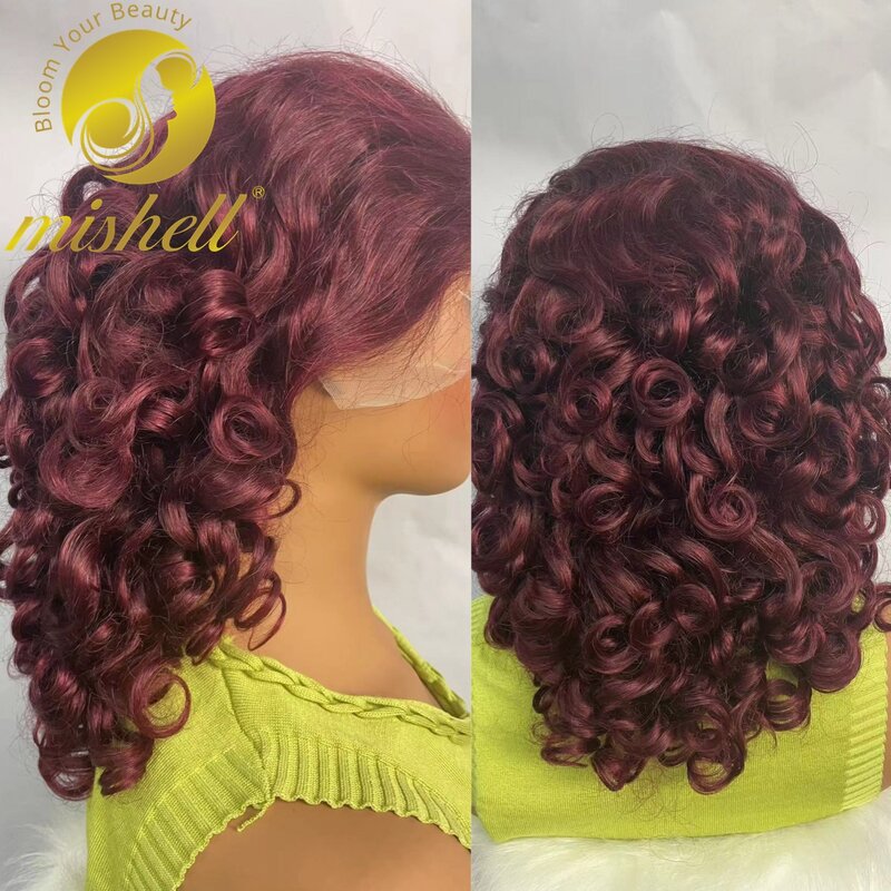 250% Density 99J Burgundy Bouncy Curly Human Hair Wigs 13x4 Transparent Lace Front Wig Colored Spring Fumi Curly Wigs for Women