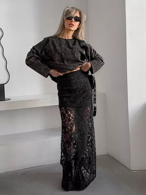 Wolfeel-falda de encaje hasta el tobillo para mujer, prenda elegante de cintura alta, color negro, elegante, para oficina, Verano