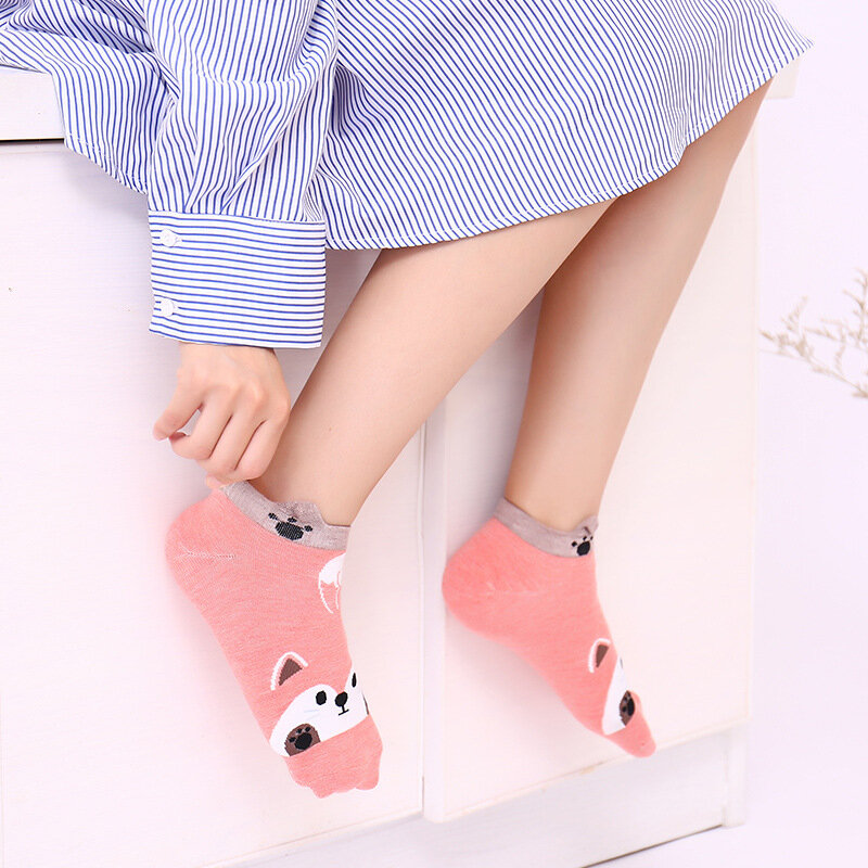 Calcetines de algodón con dibujos de animales para mujer, calcetín corto Kawaii de gato con perro, zapatillas informales suaves y divertidas, 5 pares
