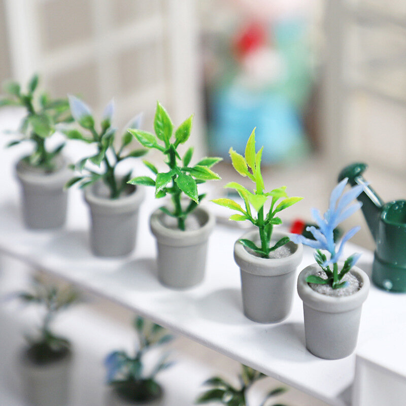Mini casa de muñecas con plantas en macetas, planta verde de simulación de juguete, muebles para el hogar, decoración, escena, 1/12
