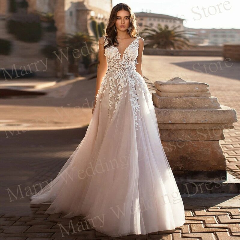 2024 Elegant Charming A Line Women's Wedding Dresses Modern Appliques Lace Bride Gowns Sexy V Neck Backless Vestidos De Novias