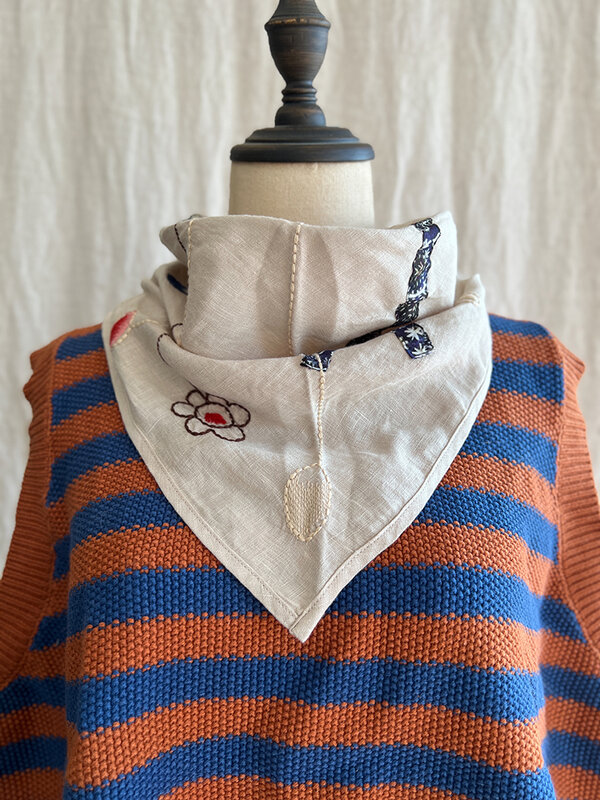 Lniana naszywka ręcznie haft trójkątny segregator bawełniany lniany szalik artystyczny Vintage damskie akcesoria odzieżowe w stylu etnicznym