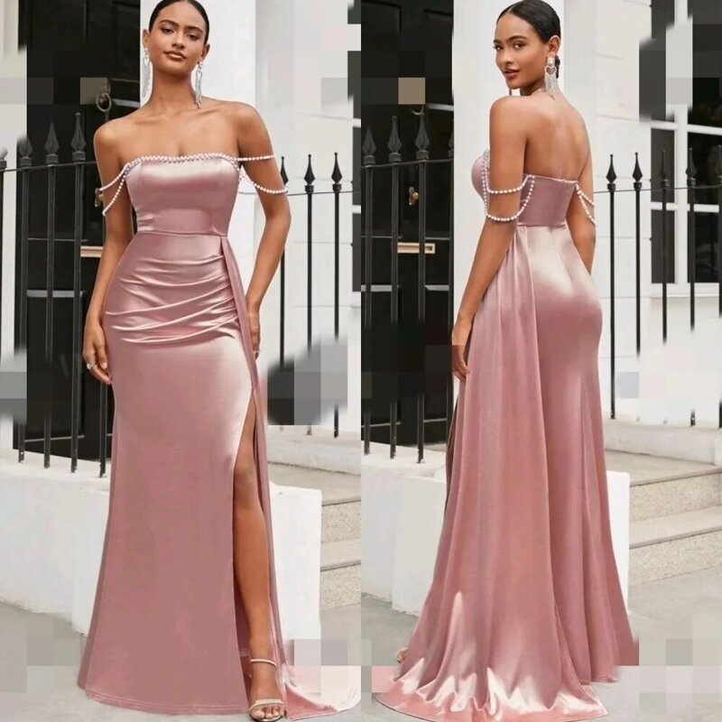 Satin Beading Draped Pleat Cocktail Party A-line Off-the-shoulder Bespoke Occasion Gown Long Dresses