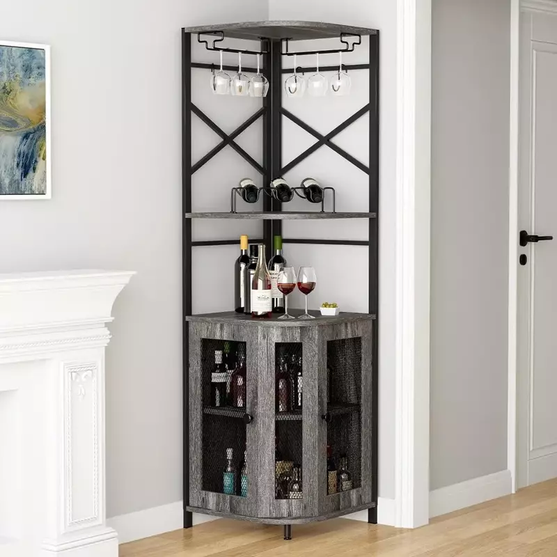 Bar Armário com Wine Rack e Glass Rack, Canto Armário com Prateleiras Ajustáveis, Home Wine Cabinet Bar
