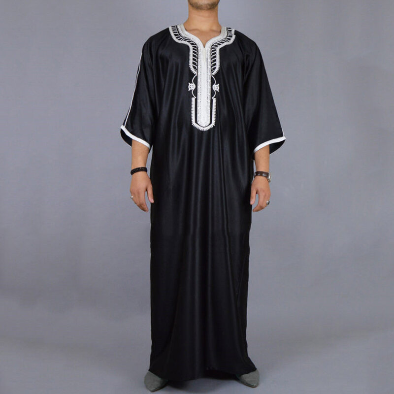 이슬람 패션 남자 Jubba Thobes 아랍어 파키스탄 두바이 Kaftan 아바야 가운 이슬람 의류 사우디 아라비아 블랙 롱 블라우스 드레스