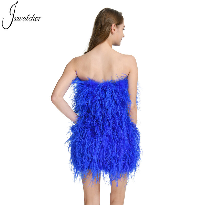 Jxwatcher-Vestido corto de plumas de avestruz para mujer, minivestido Sexy con plumas de avestruz, sin tirantes, para fiesta de graduación, 2022