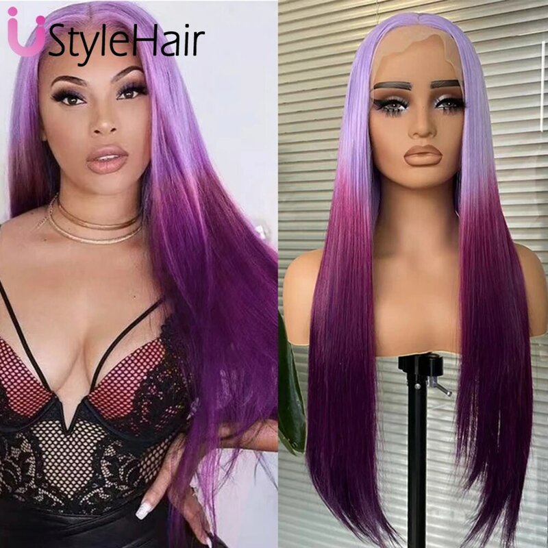 UStyleHair Black Pink Wig Long Silky Synthetic Lace Front Wig Pink Roots Ombre Black Lace Front Wig Daily Cosplay Heat Resistant