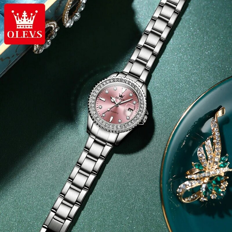 OLEVS Luxury Quartz Women's Watch Silver Bracelet Charming Rhinestone Dial with Stainless Steel Band Luminous Hands Pink Watches