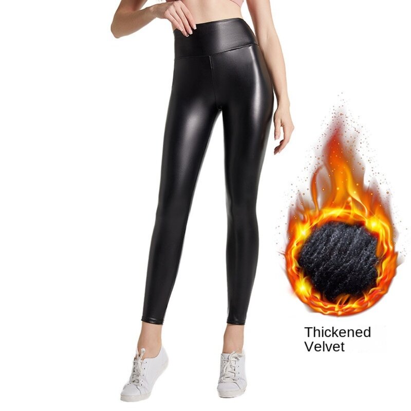 PU Leather Thick Winter Leggings Casual Elastic Add Thin Velvet Velvet Leggings Ankle-Length High Waist Women Pants Women