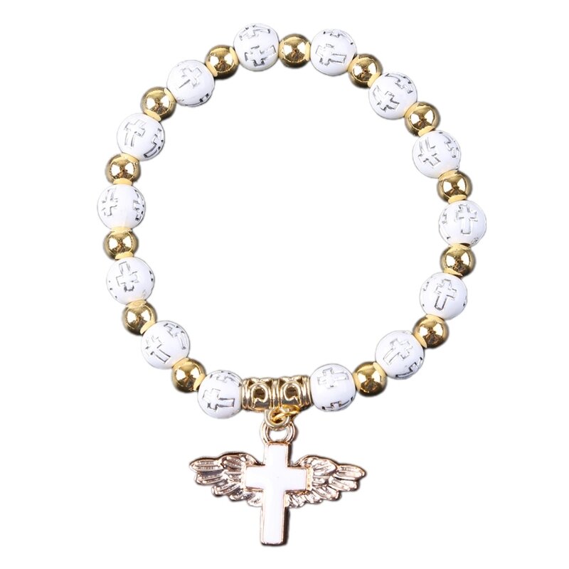 Simpatici braccialetti elasticizzati religiosi Angelo fascino per croce Rosario Bracciale con perline Ciondolo cattolico per