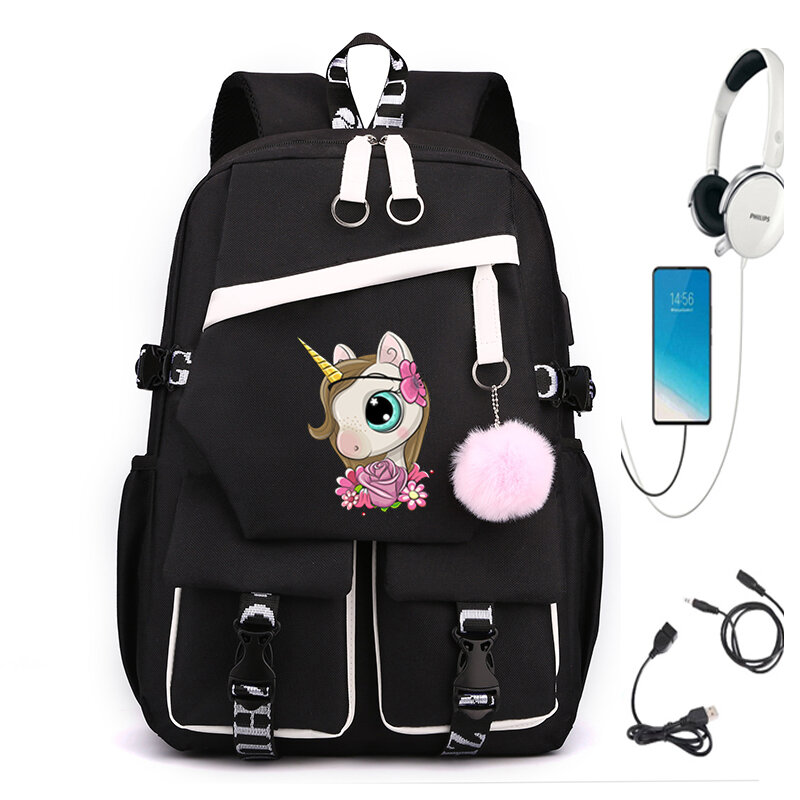 منفذ USB الكرتون قوس قزح يونيكورن حقيبة مدرسية للرجال والنساء ، حقيبة ظهر ذات سعة كبيرة ، حقيبة سفر للطلاب الجامعيين ، الموضة
