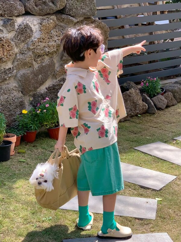Pantaloncini per bambini pantaloni per bambini estate ragazzi coreano verde Cowboy pantaloni causali larghi 2024 semplice elastico in vita verde estate