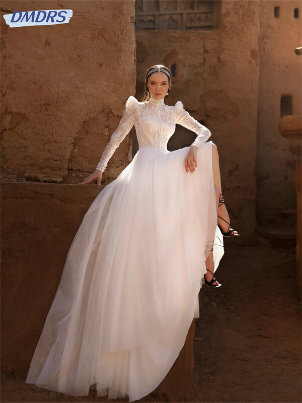 فستان زفاف كلاسيكي من الدانتيل بطول الأرض ، كم طويل ، فستان على شكل حرف A ساحر ، فستان زفاف ، أنيق ،