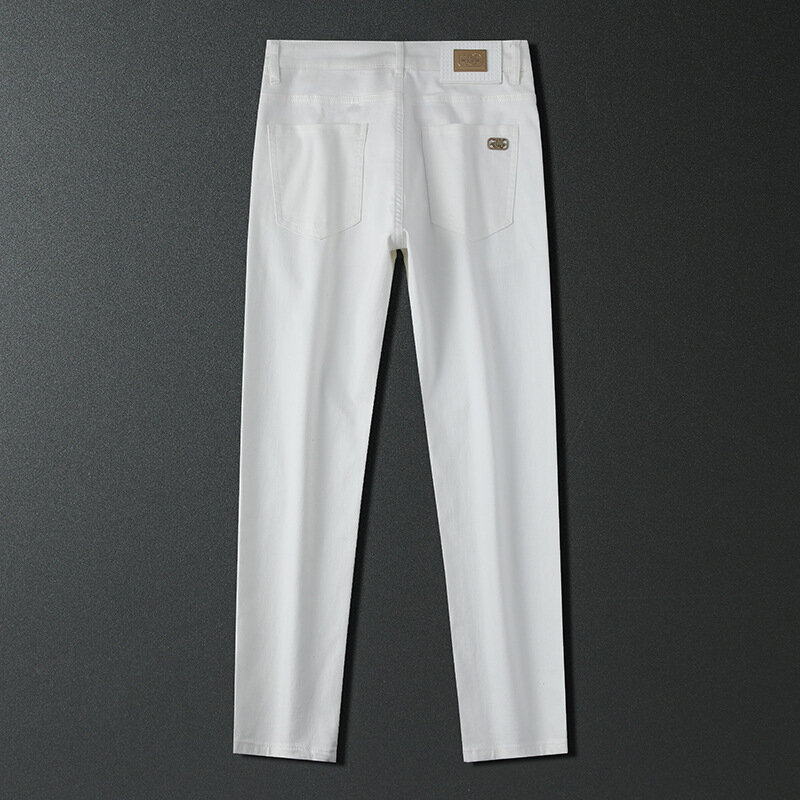กางเกงรัดรูปผ้าสามขากันการซีดจางสีพื้นของผู้ชายยีนส์แฟชั่นเรียบง่ายเข้ากับทุกชุด