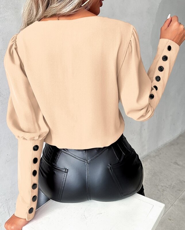 V-Neck Blouses Top New Hot Selling Autumn Winter Fashion Women's Contrast Paneled Gigot Sleeve Buttoned Casual Temperament Style