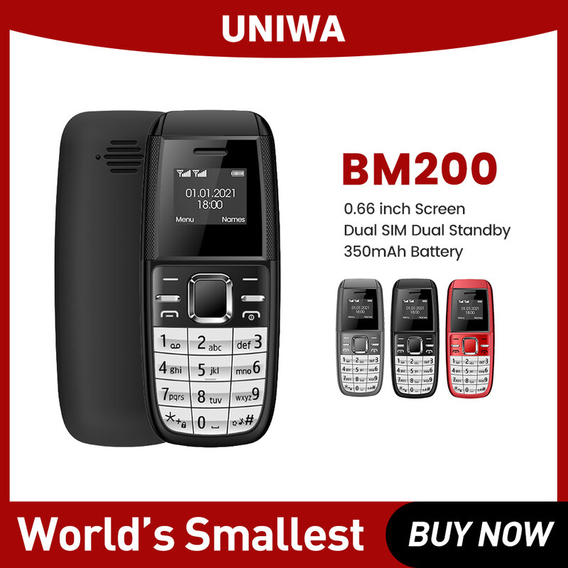 UNIWA BM200 Super Mini Telefone 0,66 "Bolso Celulares com Botão Do Teclado Dual SIM Dual Standby para Idosos MT6261D GSM Quad Band