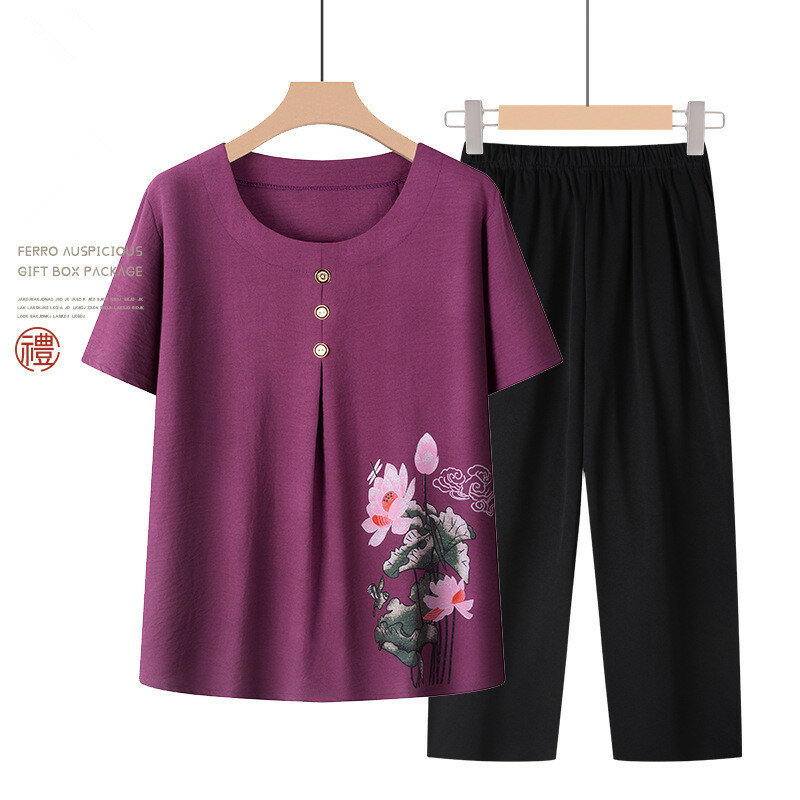 Baju tidur ibu paruh baya motif Vintage, Set piyama wanita lengan pendek, pakaian rumah musim panas, XL-4XL dua potong untuk nenek