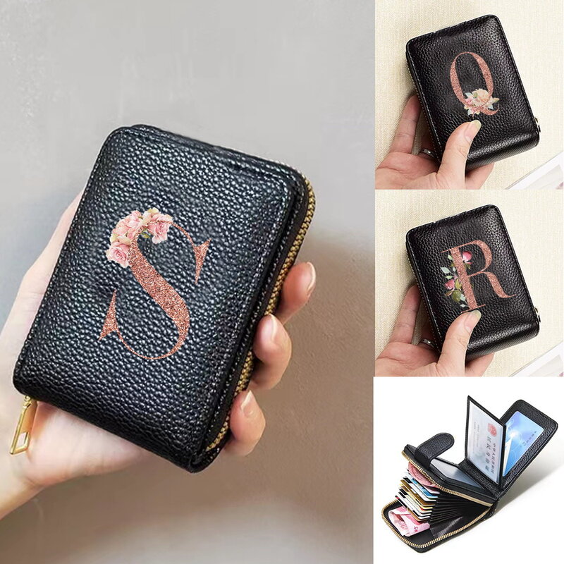 女性のためのジッパー付きの小さな革の財布,ハンドバッグ,カードホルダー,ピンクゴールドの画像,コイン,ジッパー