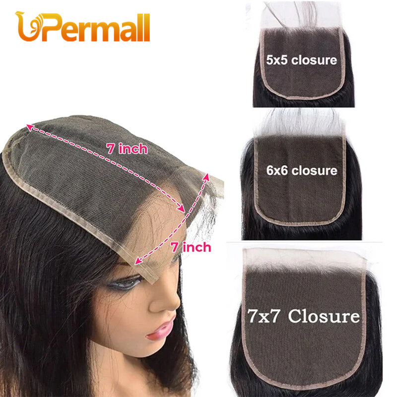 Upermall 5X5 6X6 7X7 Pre Plucked Swiss Lace Closure Straight Body Wave Transparent Can Be Bleached Brazilian Human Hair On Sale