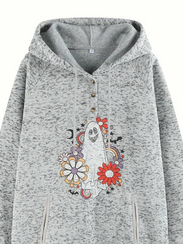 Plus Size Casual Sweatshirt, Women's Plus Ghost & Floral Print Long Sleeve Drawstring Hooded Henley Sweatshirt With Pockets
