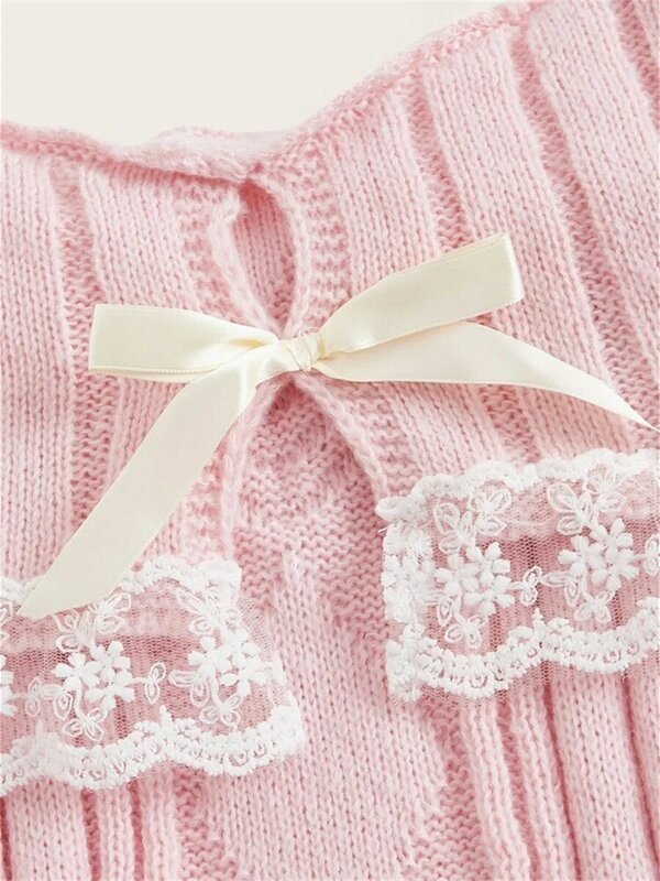 Grunge sweter rajut bahu terbuka y2k manis pulover merah muda estetika pakaian jalanan jumper perca renda pita lengan panjang