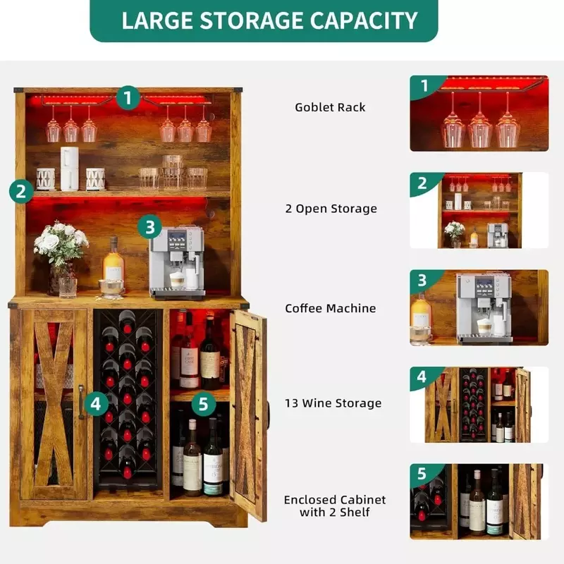 Farmhouse Bar Cabinet with LED Lights, Buffet Liquor Cabinet, 5-Tier Cabinet with Storage, 65 "Tall Sideboard