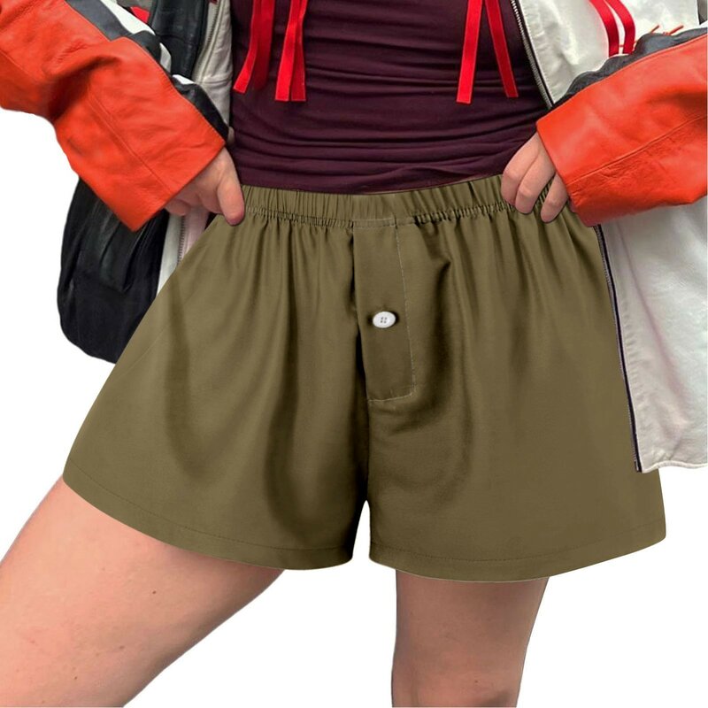 กางเกงลำลองขาสั้นวินเทจสีทึบมีกระดุมใหม่สำหรับผู้หญิงชุดนอนกางเกงขาสั้น cewek seksi ขากว้างฤดูร้อน