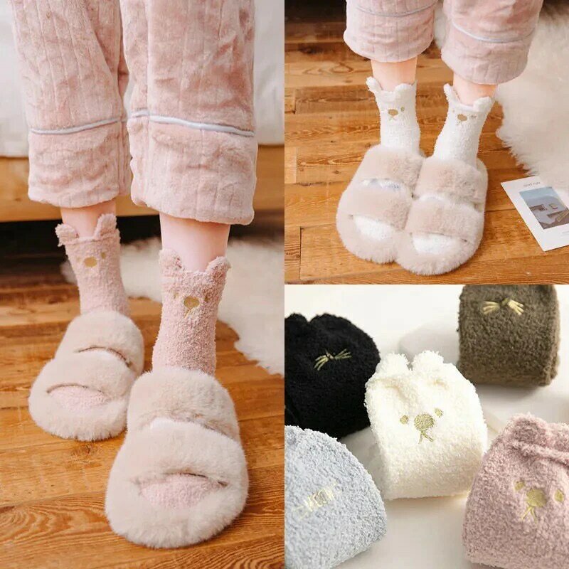 Kaus kaki halus, kaus kaki setengah tabung Plus tebal hangat bulu karang musim dingin wanita hangat sandal tidur