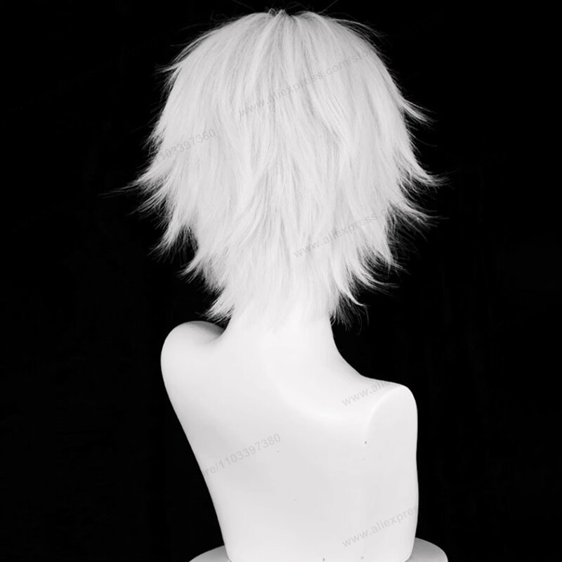 Peruca Kaneki Ken Cosplay, Cabelo curto prateado de homem branco, Anime resistente ao calor, Perucas sintéticas, 30cm