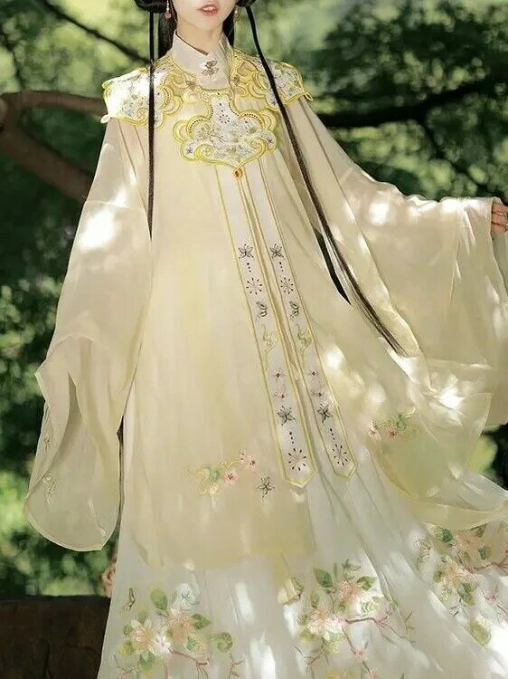 Kostum dansa tradisional Tiongkok untuk wanita, gaun peri Dinasti Ming gaya kuno, kostum dansa tradisional Tiongkok Retro elegan, Gaun awan Hanfu bahu