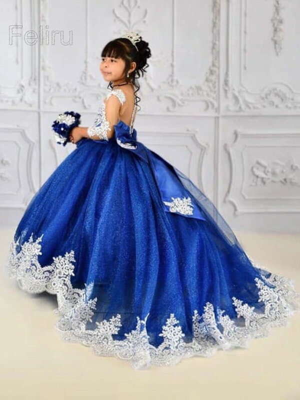 Błyszcząca tiulowa koronkowa aplikacja dziewczęca sukienka w kwiaty wykwintne przyjęcie dla dzieci urodzinowe kokardki księżniczki do podłogi