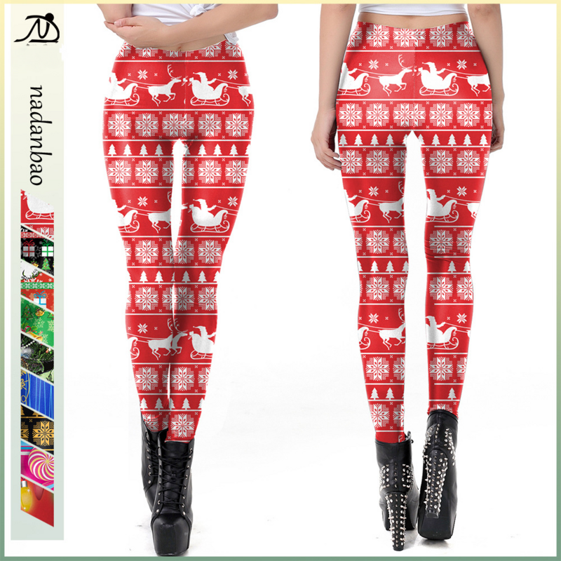Nadanbao-女性のメリークリスマスの面白いレギンス、赤い弾性タイツ、女性の雪片プリントのロングパンツ、パンツ