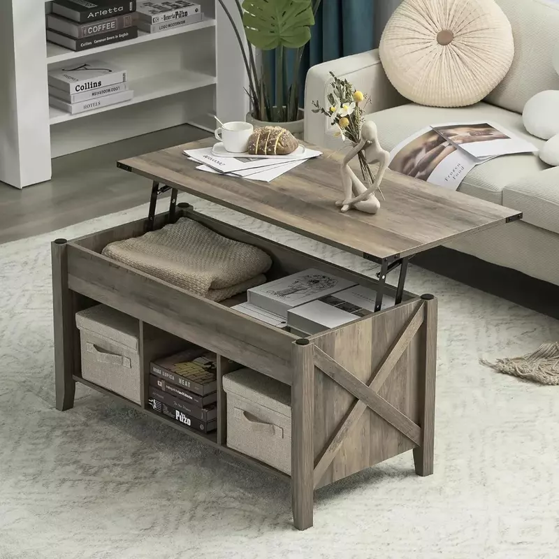 Farmhouse Lift Top Coffee Table, Rustic Grey Coffee Table with Lift Top, Lift Up Pop Up Coffee Table with Storage Shelf