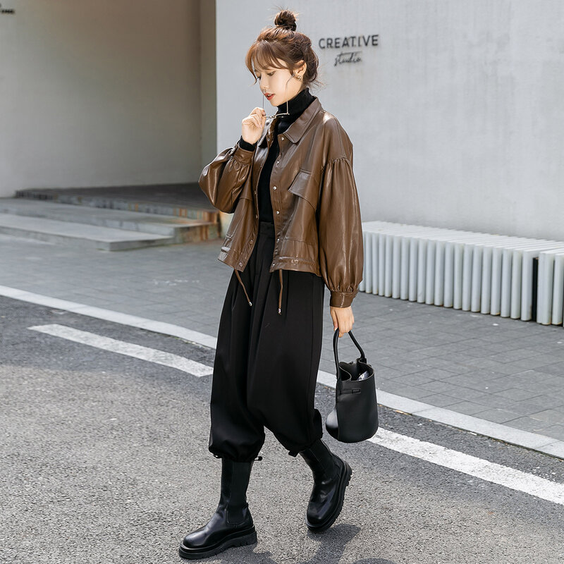 Jaqueta de couro feminina de comprimento curto, manga longa emagrecedora, casaco bonito de peito único, nova moda, primavera e outono, 2023