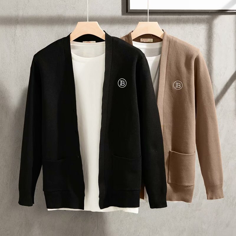 2023   Sleeve Pockets Mens Clothes Fashion Brand Casual Coats Black Korean Style Solid Color Sweater