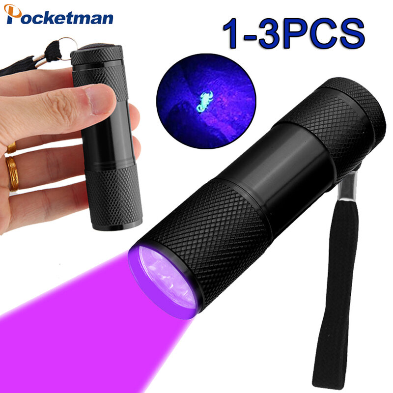 Senter Mini UV 9LED 1-3 buah, senter Ultraviolet 395nm pena portabel, lampu medis ungu, lampu belakang anti-selip untuk noda