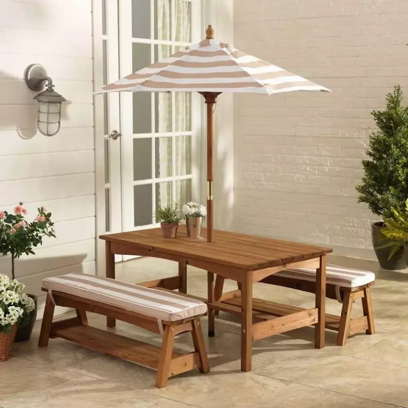 Table et banc d'extérieur en bois avec coussins et parapluie, meubles de jardin, livraison gratuite
