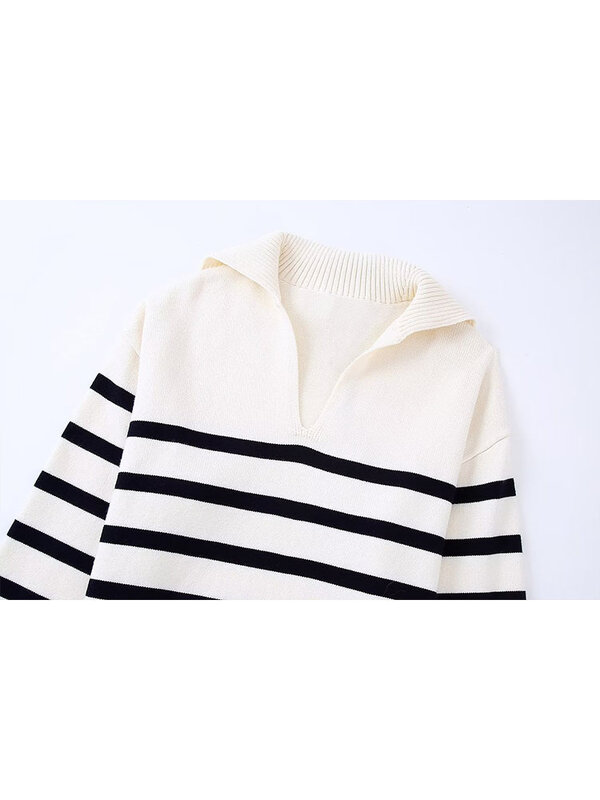 Suéter de punto a rayas para mujer, Jersey Vintage de manga larga con solapa, Tops elegantes, novedad de otoño, 2022