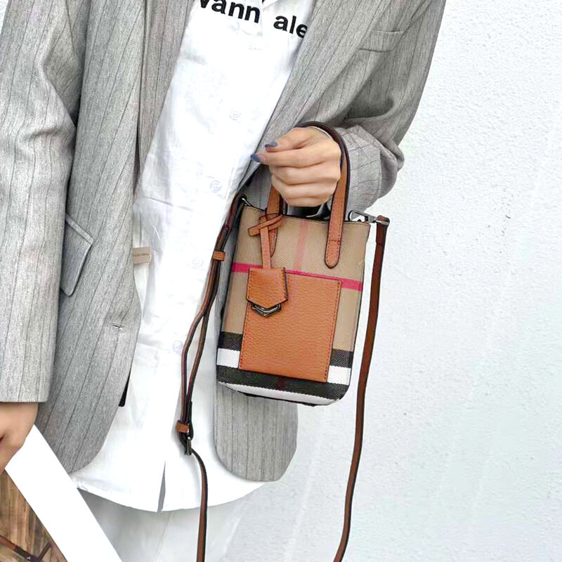 Luxury Plaid Canvas Women Bag Versatile Genuine Leather Top Handle Female Phone Clutch Purse Fashion Small Lady Shoulder Handbag