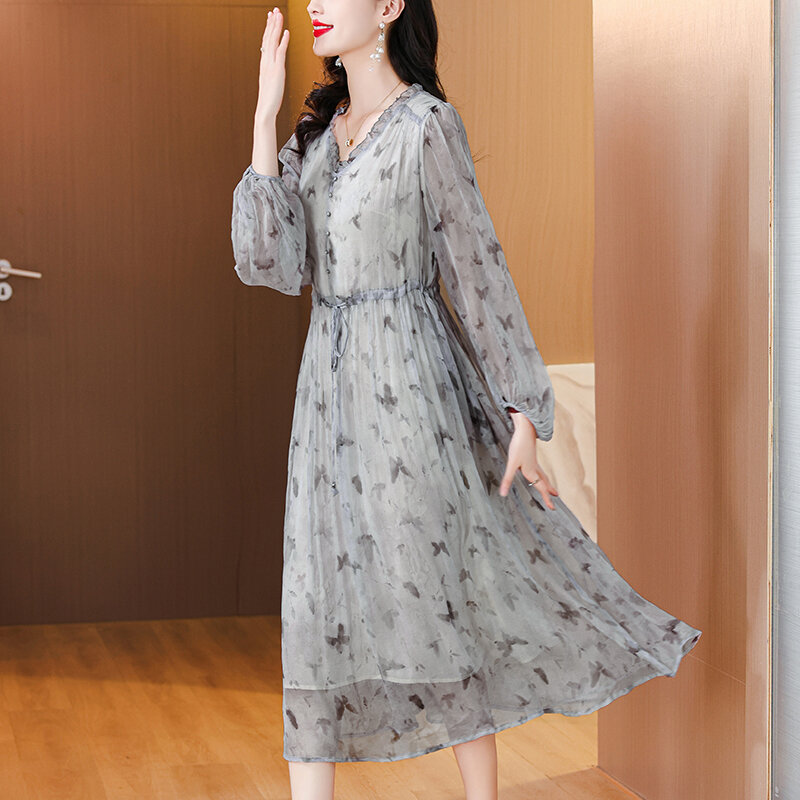 2024 Spring/Summer New Silk Butterfly Printed Mesh Spliced Long sleeved Dress for Women's Loose Large V-Neck Knee Length Skirt